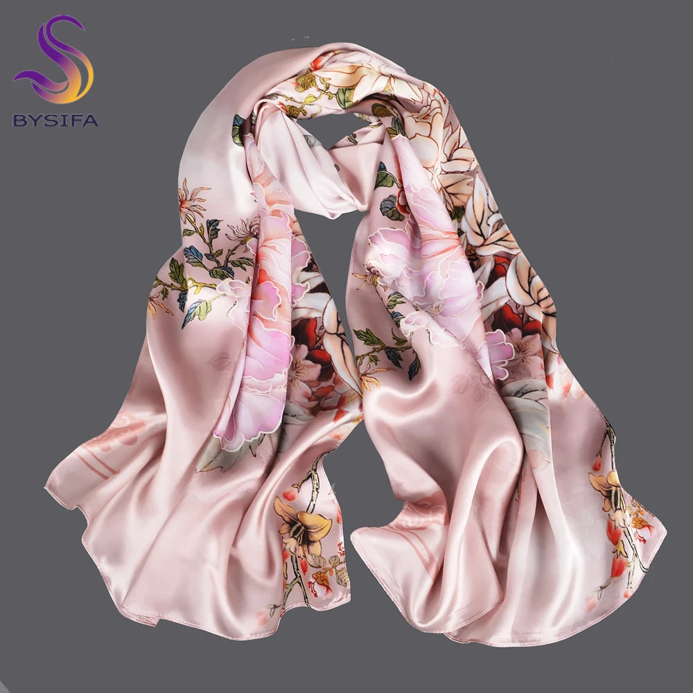 BYSIFA Grey Pink Mulberry Silk Scarf 170*52cm