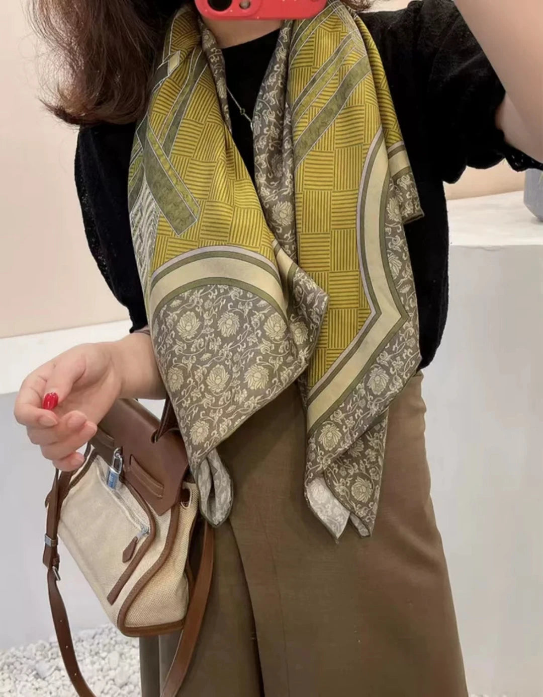 Army Green 100% Mulberry Silk Scarf 106*106cm