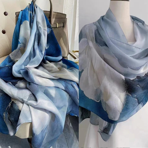 China Style Blue White 100% Mulberry silk Scarf