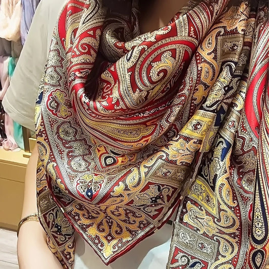 BYSIFA Red Gold Women's Mulberry Silk Scarf 106*106cm