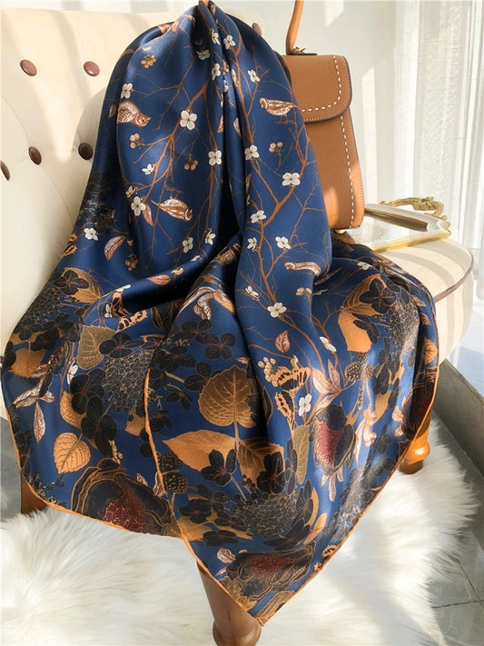 Navy Blue Coffee Gold 100% Mulberry Silk Square Scarf 106*106cm