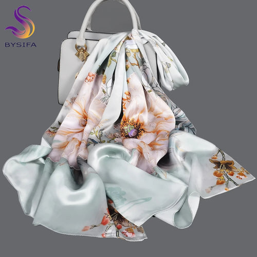 BYSIFA Beige Green 100% Mulberry Silk Scarf 170*53cm