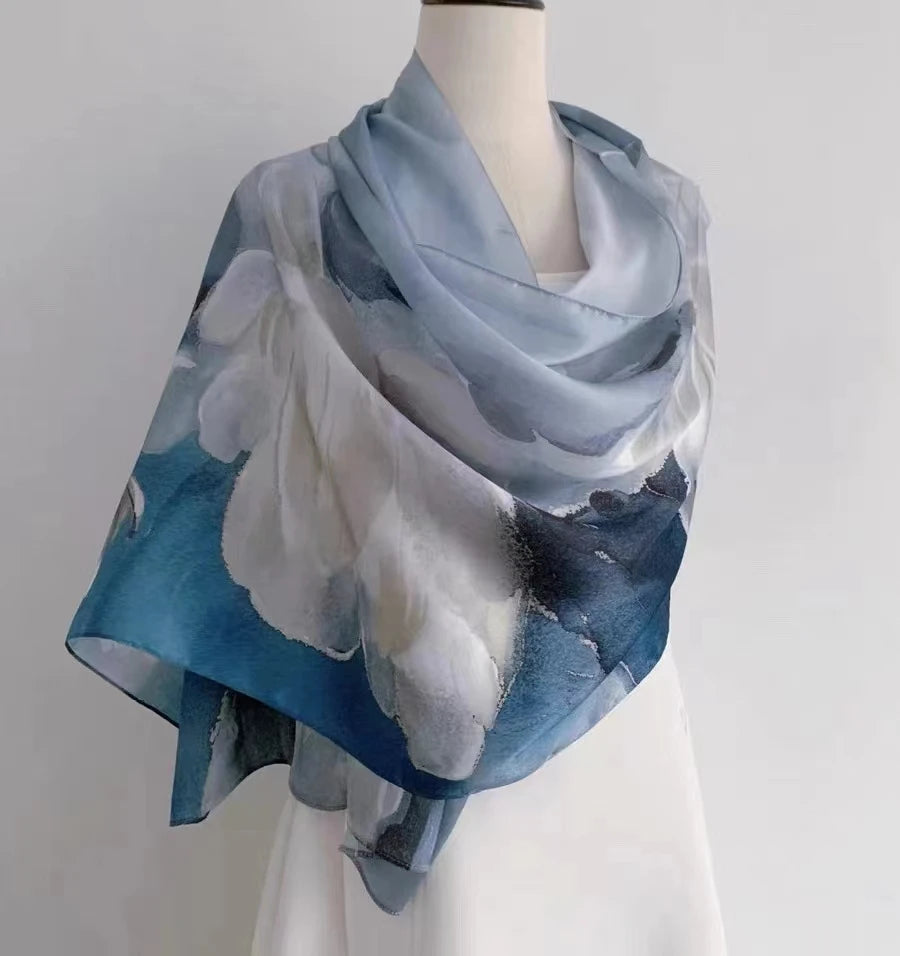 China Style Blue White 100% Mulberry silk Scarf