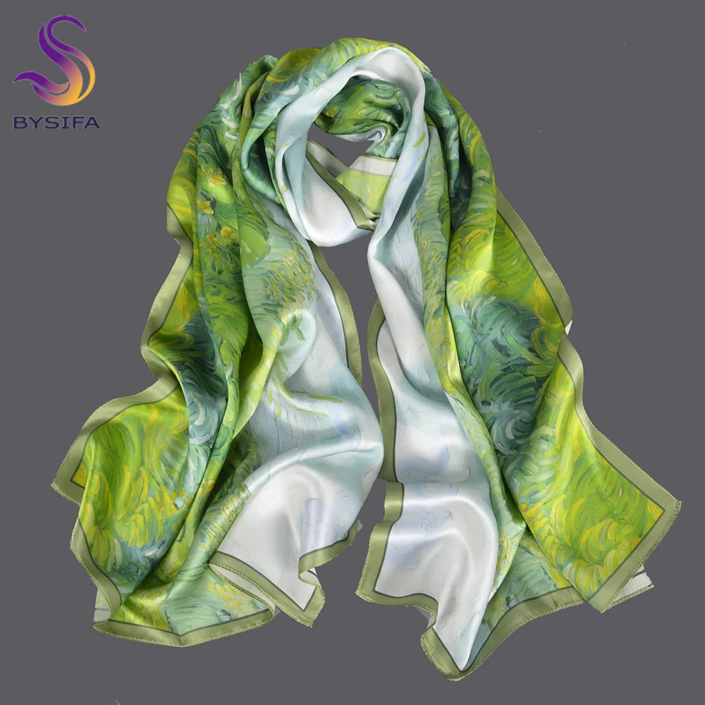 2024-SY Blue Green 100% Mulberry Silk Scarf 175*52cm