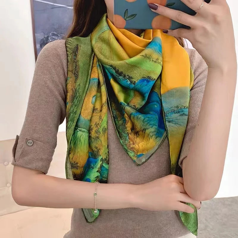 Yellow Green 100% Mulberry Silk Women's Scarf 106*106cm