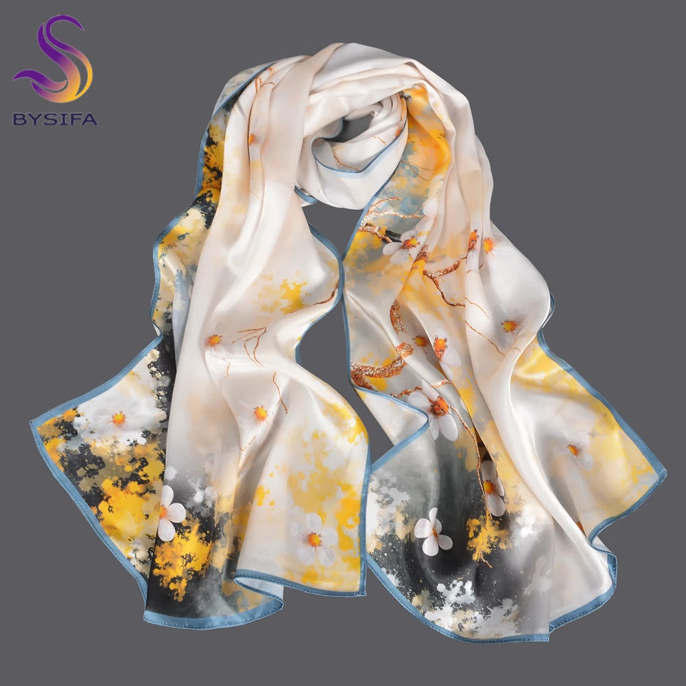 BYSIFA Beige Green 100% Mulberry Silk Scarf 170*53cm