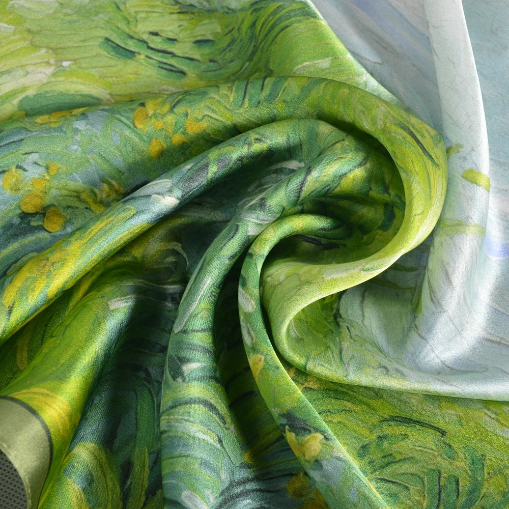 2024-SY Blue Green 100% Mulberry Silk Scarf 175*52cm