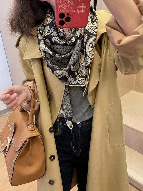 Navy Blue Coffee Gold 100% Mulberry Silk Square Scarf 106*106cm