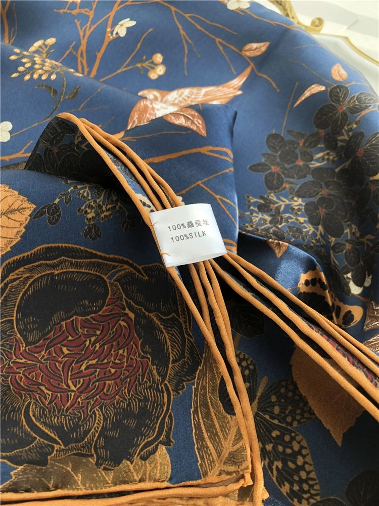 Navy Blue Coffee Gold 100% Mulberry Silk Square Scarf 106*106cm