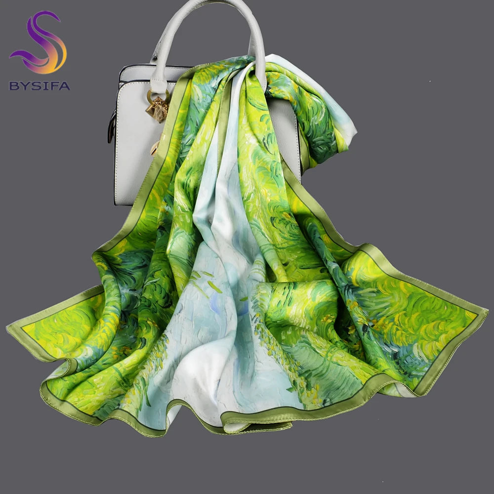 2024-SY Blue Green 100% Mulberry Silk Scarf 175*52cm