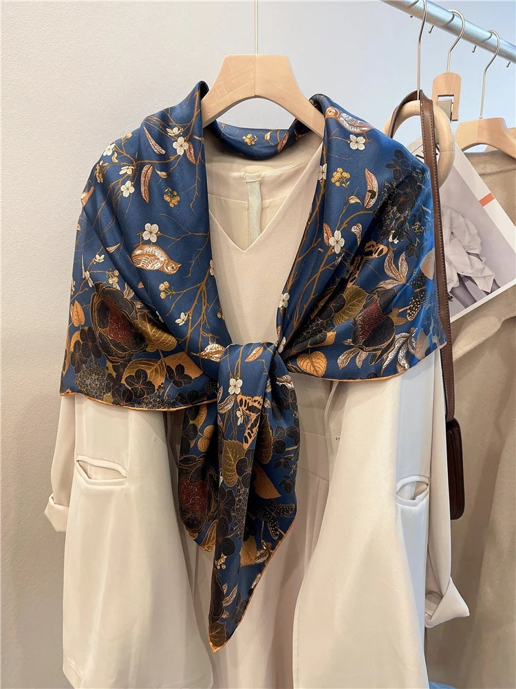 Navy Blue Coffee Gold 100% Mulberry Silk Square Scarf 106*106cm