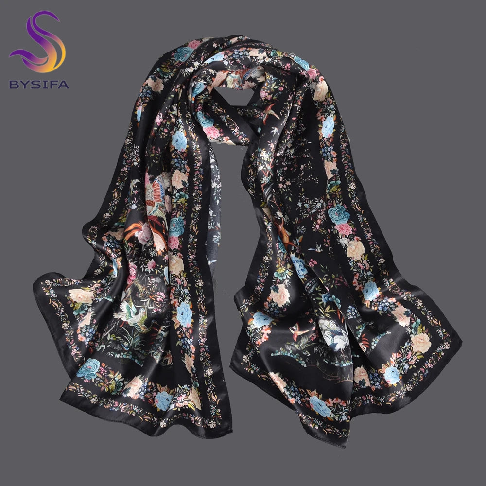 Black white 100% Mulberry Silk Scarf 170*53cm