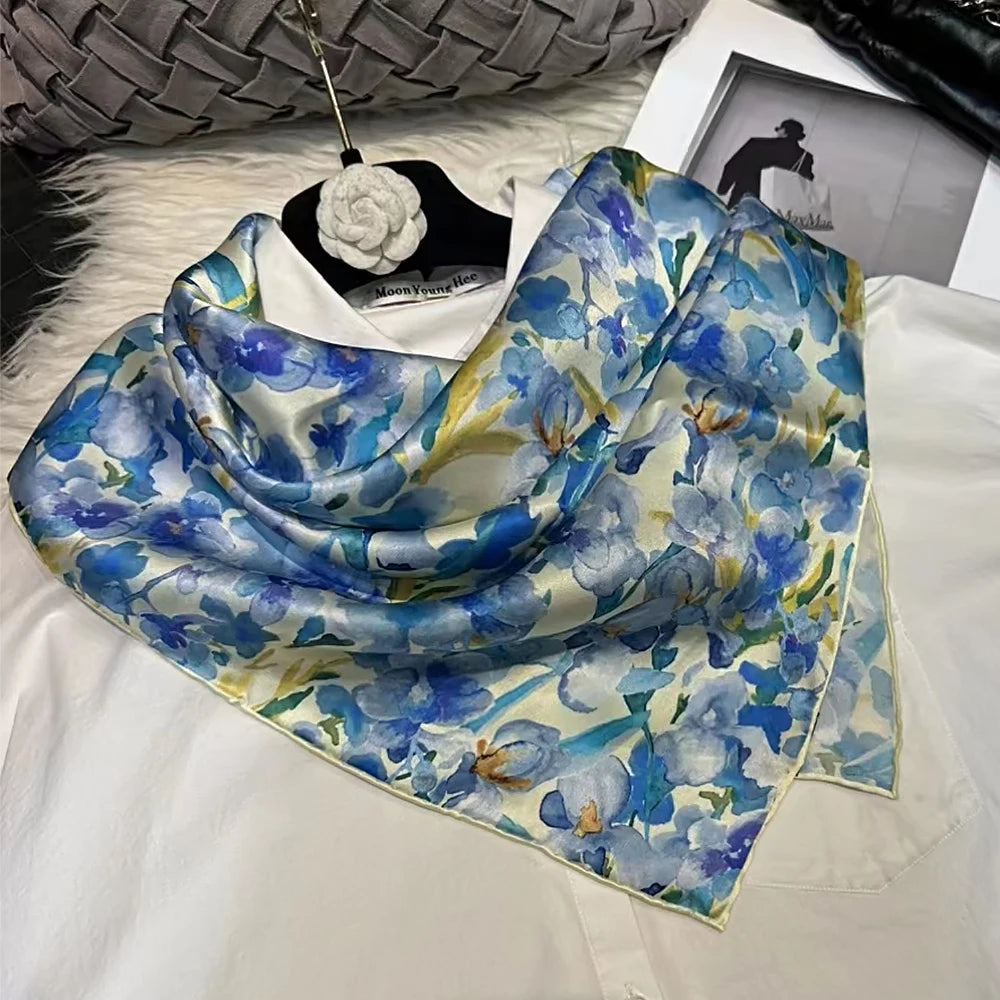 White Blue 100% Silk Scarf 86*86cm